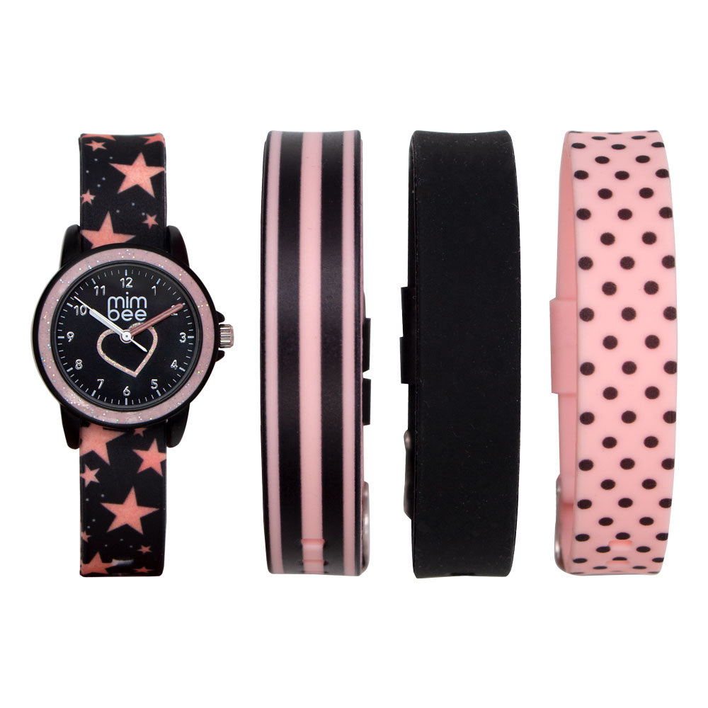 Mimbee - Dusty Pink and Black Interchangeable Watch Set